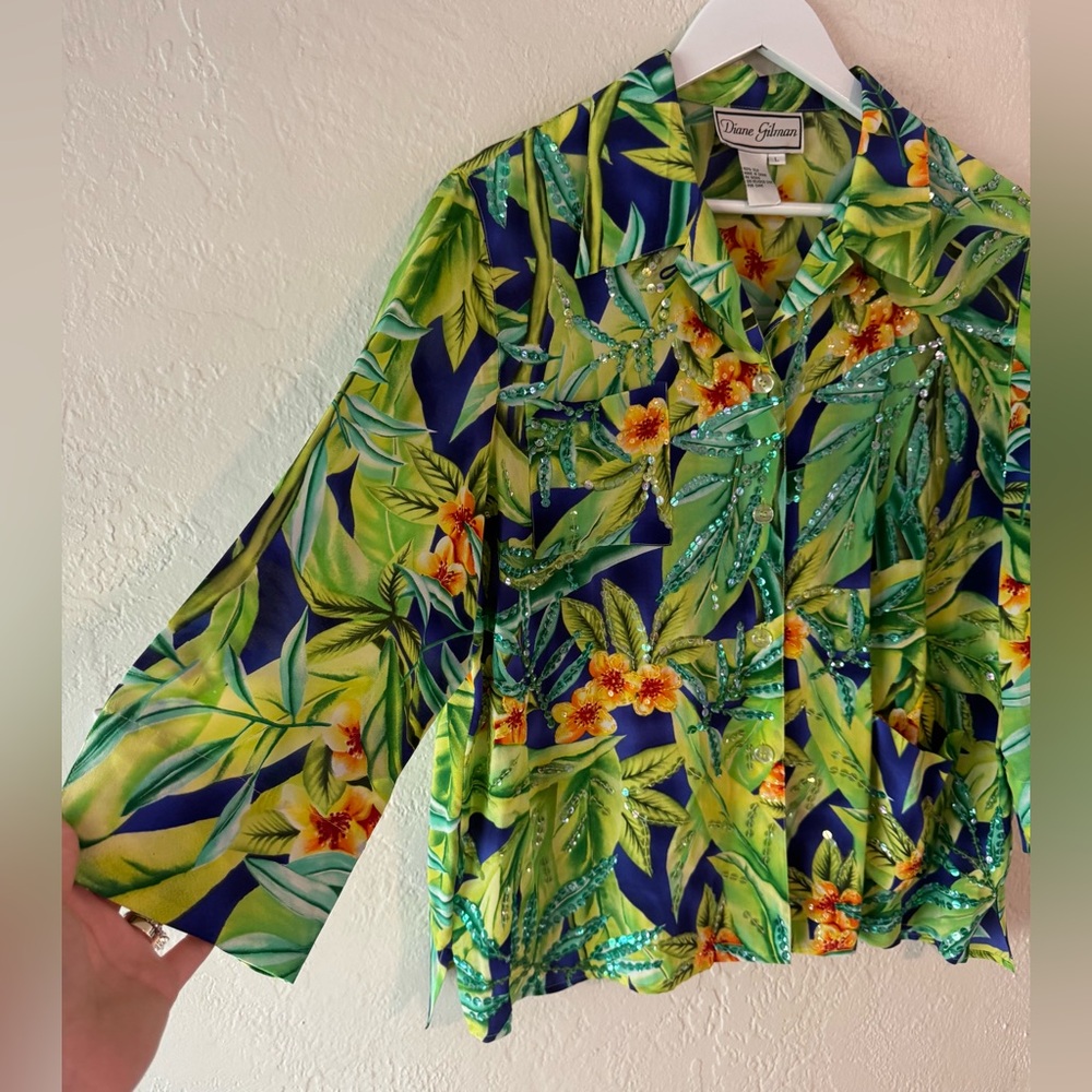 Vintage Diane Gilman Silk Tropical Sequin Blouse Beach Resort Cruise Vacation - Picture 2 of 8